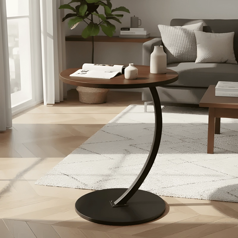 MESA AUXILIAR REDONDA MADERA Y FIERRO 40CM MODERNA - 1