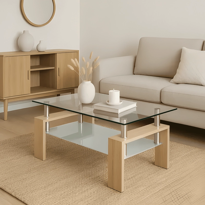 MESA DE CENTRO RECTANGULAR DE VIDRIO COLOR MARRON CLARO - 2