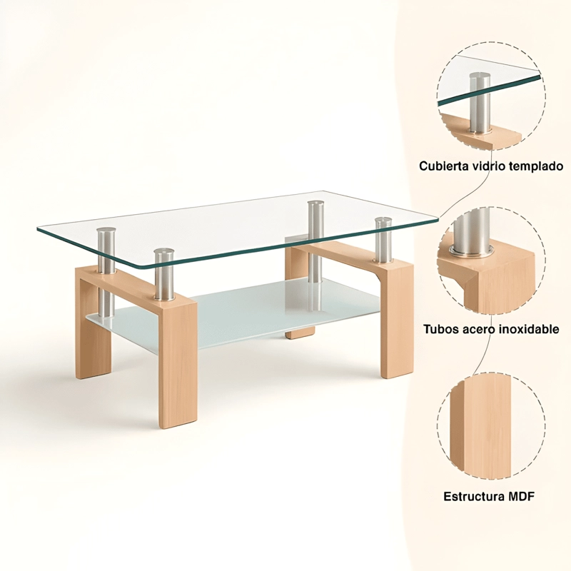 MESA DE CENTRO RECTANGULAR DE VIDRIO COLOR MARRON CLARO - 4