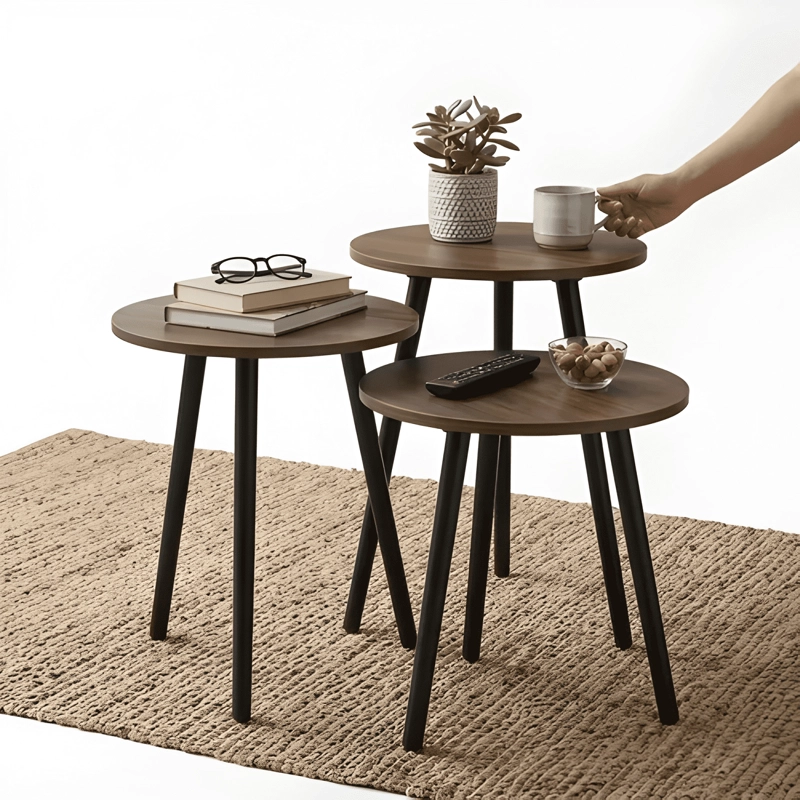 SET 3 MESAS AUXILIARES REDONDAS ESTILO NORDICO MADERA #1 - 4