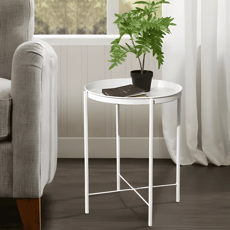 MESA AUXILIAR METALICA PLEGABLE REDONDA PORTATIL BLANCA - 1