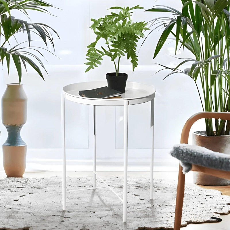 MESA AUXILIAR METALICA PLEGABLE REDONDA PORTATIL BLANCA - 4