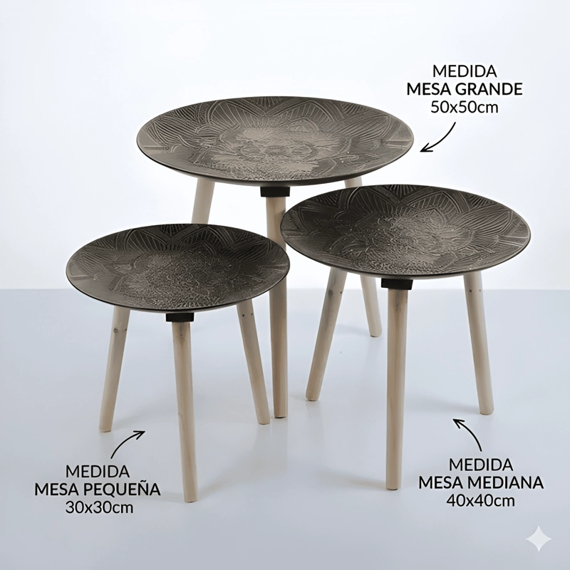 SET 3 MESAS LATERALES CENTRO DISEÑO TALLADO CAFE NEGRO - 2