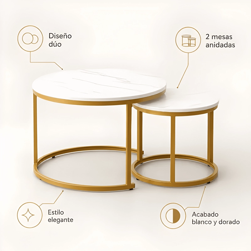 MESA DE CENTRO DUO Y DORADA 2 NIVELES ESTILO MODERNO BLANCA - 4