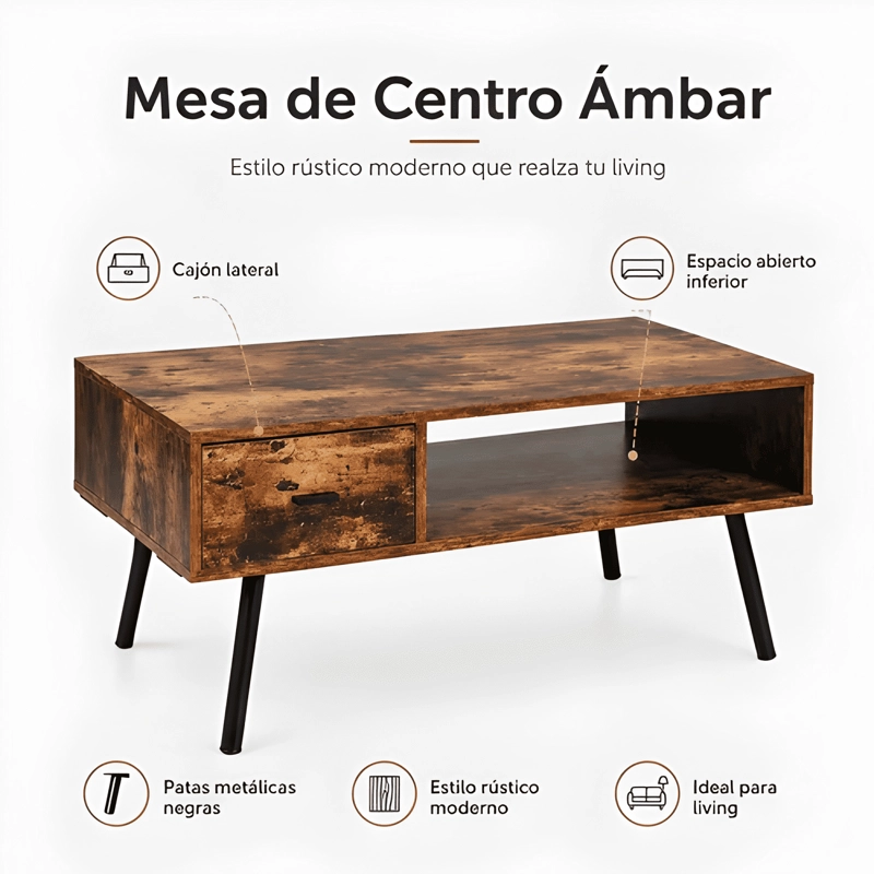 MESA DE CENTRO AMBAR 100 CM CON CAJON PARA LIVING - 4