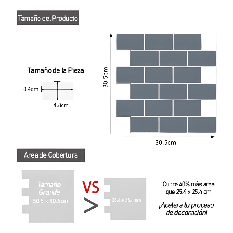 MOSAICO AUTOADHESIVO DECORATIVO 3D - LADRILLO - 30.5 GRIS - 3