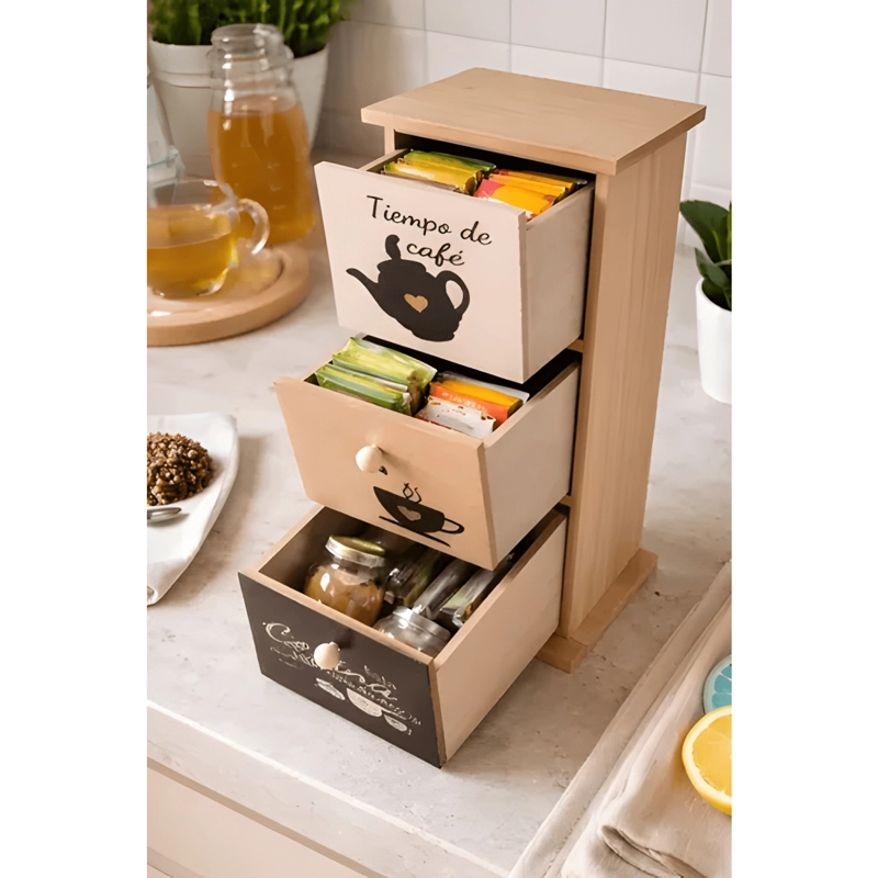 CAJA DE MADERA PARA TE  Y CAFE  ORGANIZADOR 3 CAJONES HOGAR #3 - 2