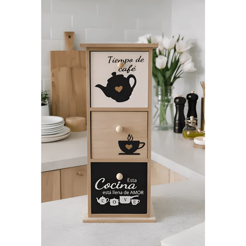 CAJA DE MADERA PARA TE  Y CAFE  ORGANIZADOR 3 CAJONES HOGAR #3 - 4