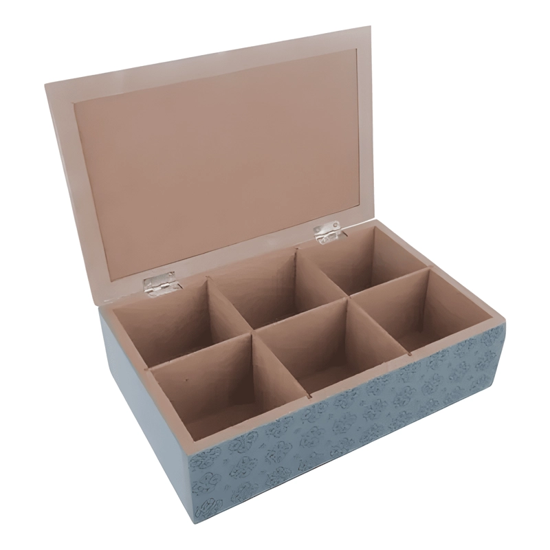 CAJA DE TE  MEDIANA DE MADERA 6 ESPACIOS AZUL CLARO - 1