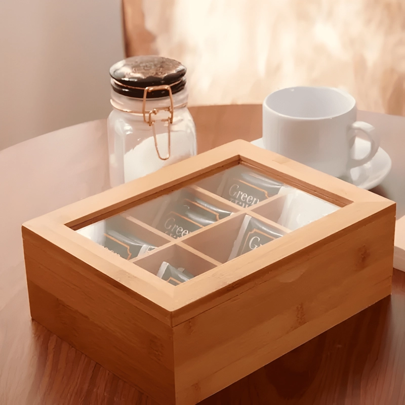 CAJA PORTA TE  BAMBU 6 DIVISIONES ORGANIZADOR NATURAL - 3