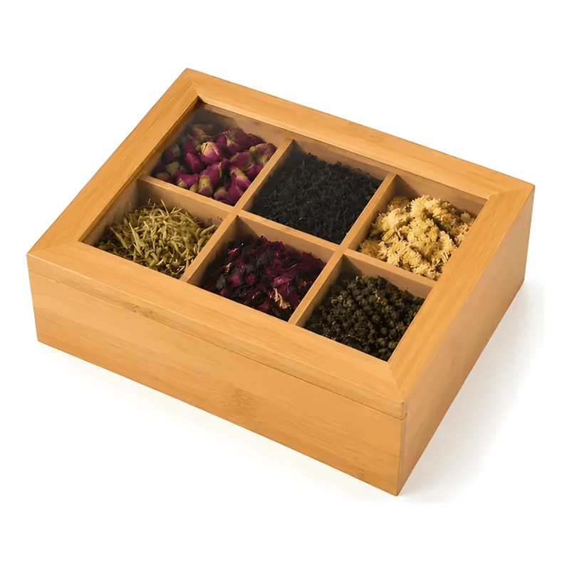 CAJA ORGANIZADORA DE TE  BAMBU 6 COMPARTIMENTOS VIDRIO - 2