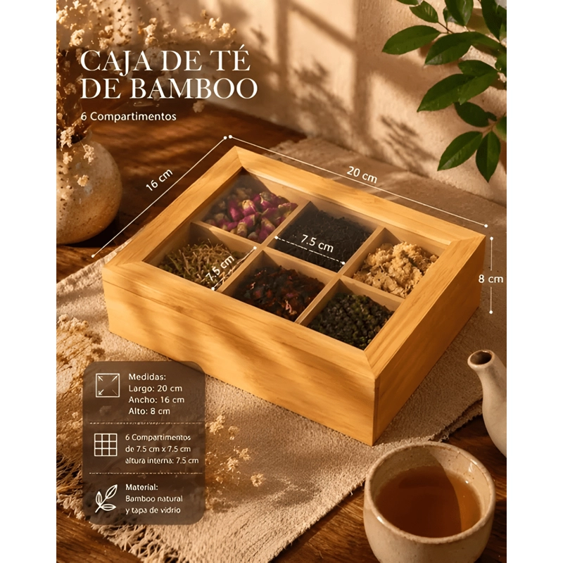 CAJA ORGANIZADORA DE TE  BAMBU 6 COMPARTIMENTOS VIDRIO - 4