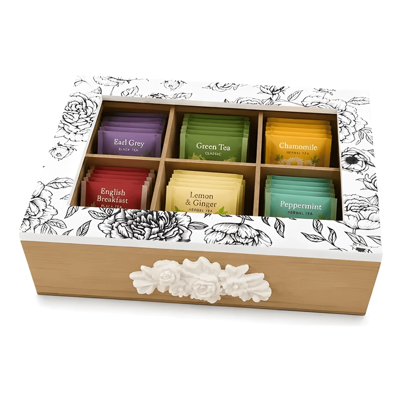 CAJA ORGANIZADORA DE TE  6 COMPARTIMENTOS CON TAPA VIDRIO - 1