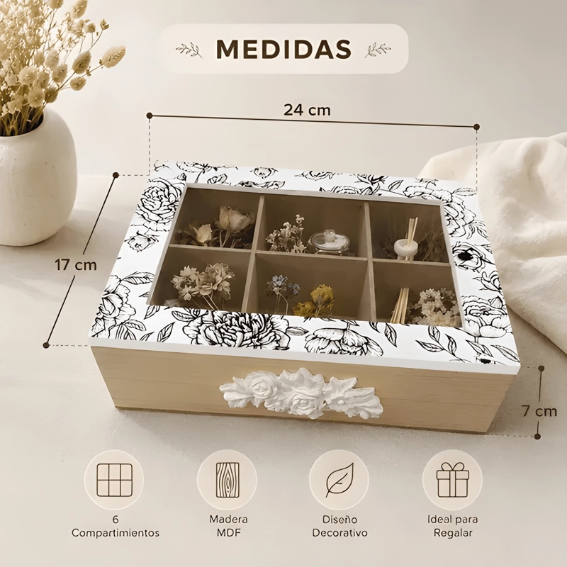 CAJA ORGANIZADORA DE TE  6 COMPARTIMENTOS CON TAPA VIDRIO - 2