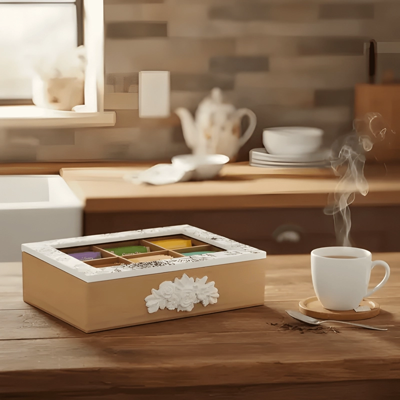 CAJA ORGANIZADORA DE TE  6 COMPARTIMENTOS CON TAPA VIDRIO - 3