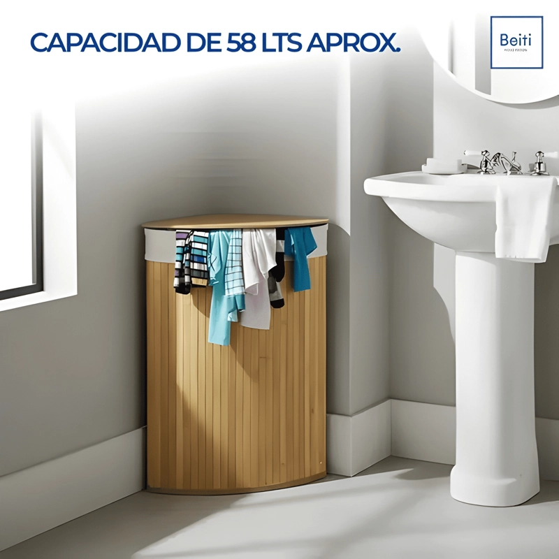 CESTA ESQUINERA ROPA SUCIA BAMBU BEITI FUNDA LAVABLE Y TAPA - 2