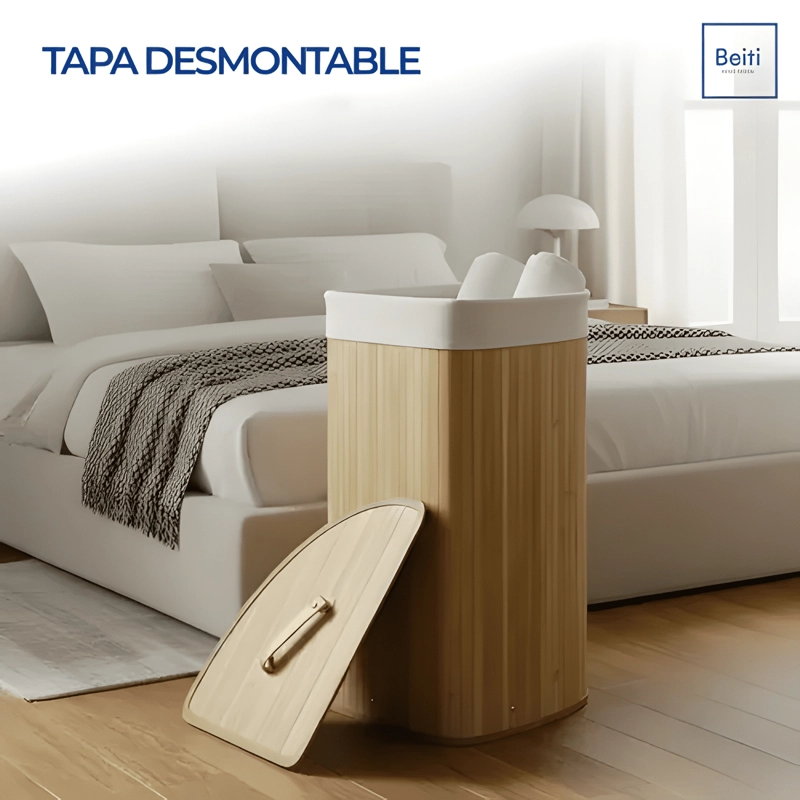 CESTA ESQUINERA ROPA SUCIA BAMBU BEITI FUNDA LAVABLE Y TAPA - 3