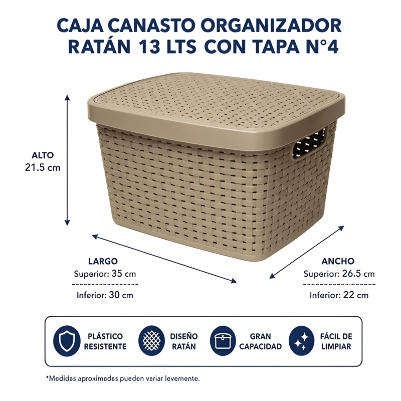 CAJA CANASTO ORGANIZADOR RATAN 13 LTS CON TAPA N°4 - 1