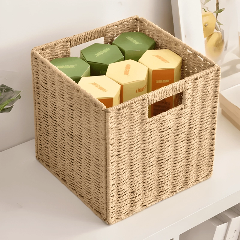 CANASTO ORGANIZADOR DECORATIVO MIMBRE PLEGABLE BEIGE - 3