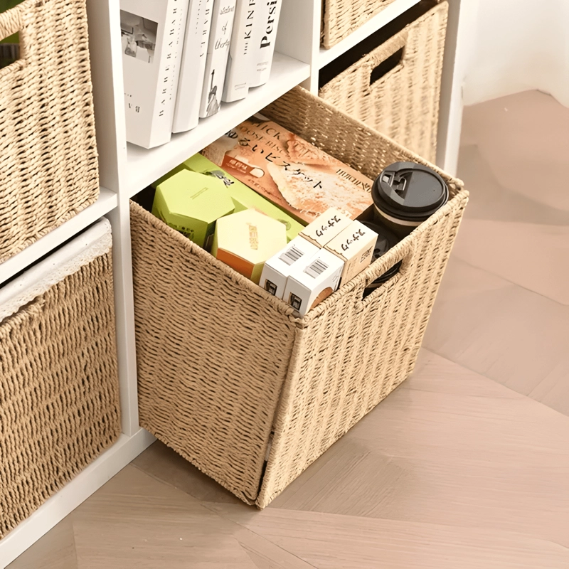 CANASTO ORGANIZADOR DECORATIVO MIMBRE PLEGABLE BEIGE - 4