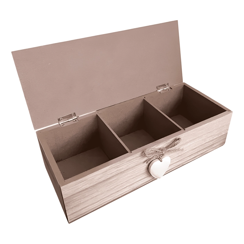 CAJA DE TE  MEDIANA DE MADERA 3 ESPACIOS CORAZON COLGANTE - 1