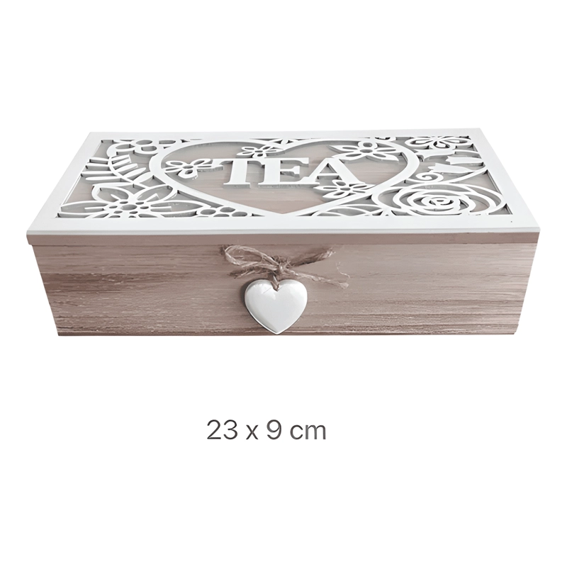 CAJA DE TE  MEDIANA DE MADERA 3 ESPACIOS CORAZON COLGANTE - 2