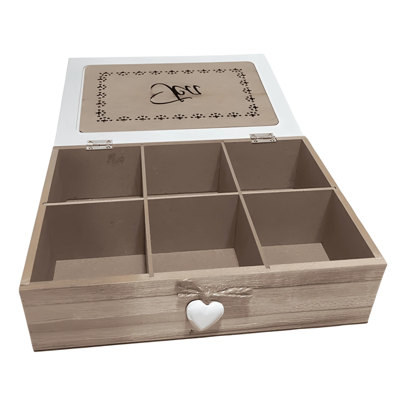 CAJA DE TE  MEDIANA DE MADERA 6 ESPACIOS DISEÑO HEART - 1