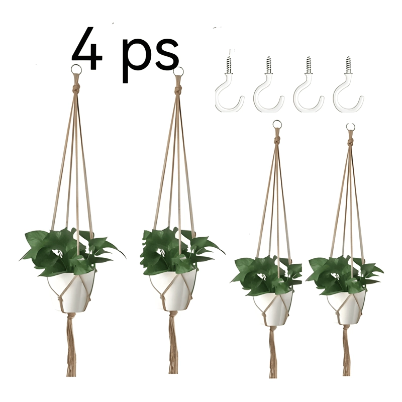 JUEGO DE MACETAS DE FLORES PARA COLGAR CUERDA Y GANCHO 4 PCS - 2