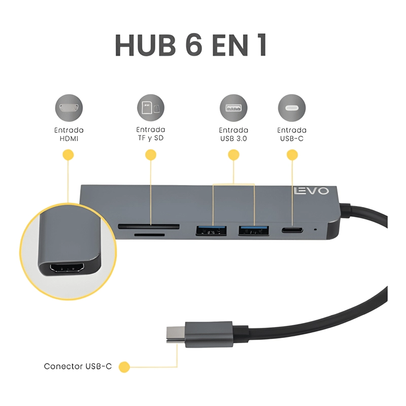 HUB USB-C MULTIPUERTO 6 EN 1 LEVO MACBOOK WINDOWS GRIS CLARO - 1