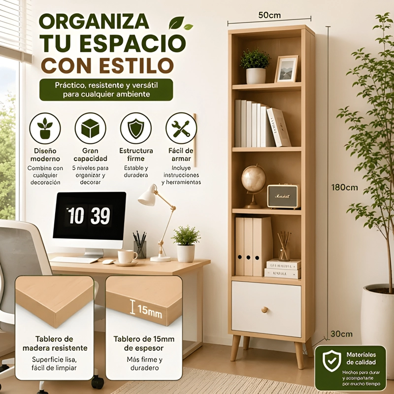 LIBRERO MADERA BIBLIOTECA 4 REPISAS CAJON 180X50X30 #4 - 2