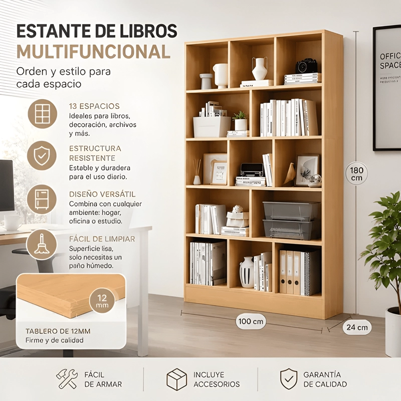 LIBRERO MADERA BIBLIOTECA 13 REPISAS 100X23X180CM - 2