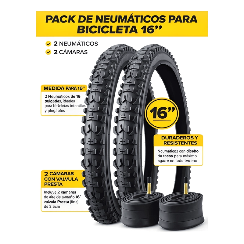 PACK 2 NEUMATICOS Y 2 CAMARAS BICICLETA INFANTIL 16X2.125 - 1