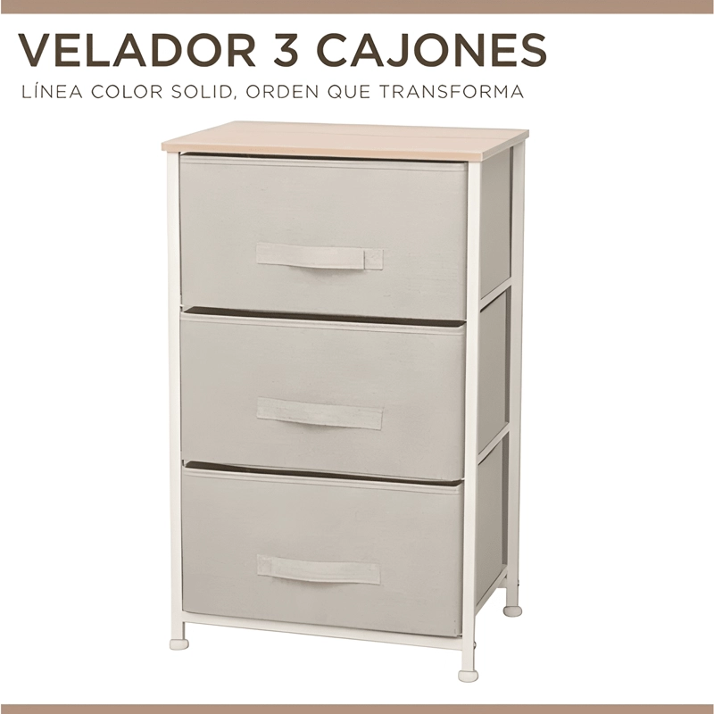 MESA DE LUZ CARRY ALL 3 CAJONES ARMAZON METALICO BEIGE - 2
