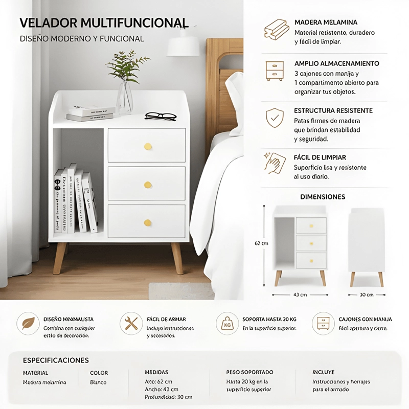 VELADOR MESITA DE NOCHE MDF 3 CAJONES 62X43X30 BLANCO - 1