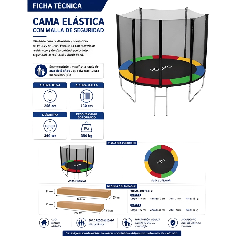 CAMA ELASTICA IGPRO CON MALLA 12FT 3,66 M NEGRA #2 - 2