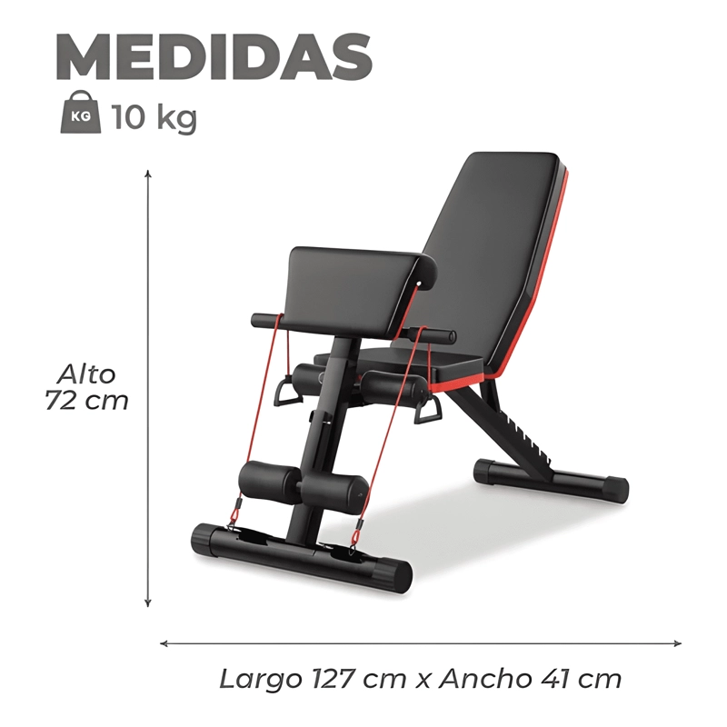 PRESS BANCA RECLINABLE PARA PESAS CON BANDAS NEGRA Y ROJA - 1