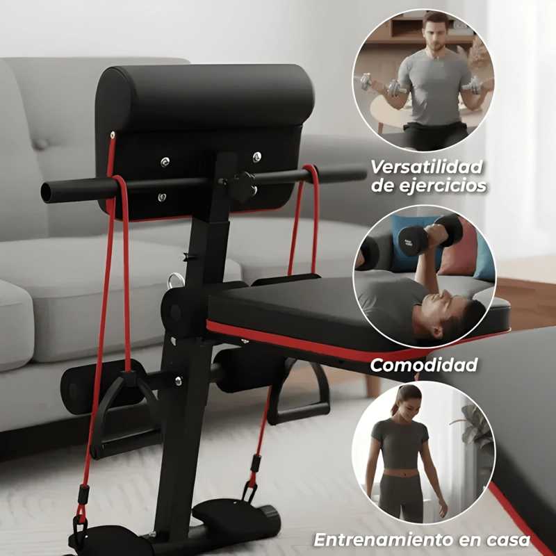 PRESS BANCA RECLINABLE PARA PESAS CON BANDAS NEGRA Y ROJA - 2