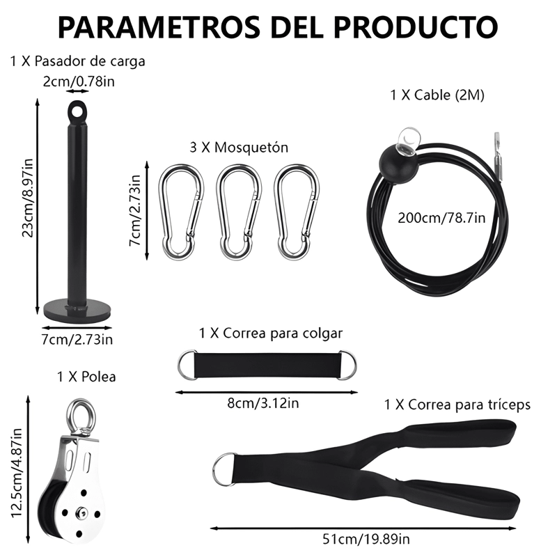KIT DE POLEA CON CABLE DE ACERO Y CUERDA DE TRICEPS 2 M - 1