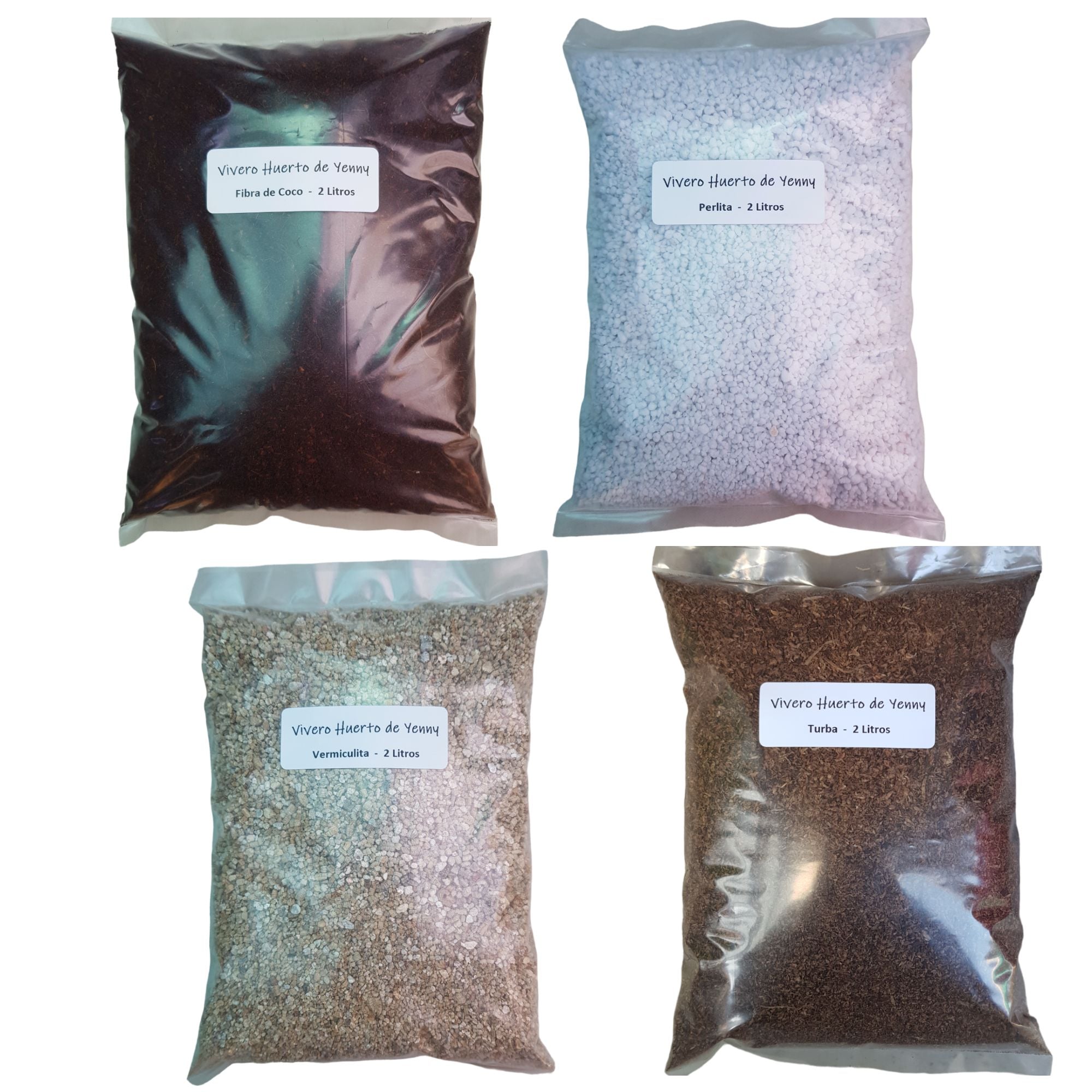 FIBRA COCO + PERLITA + TURBA + VERMICULITA 2 LITROS C/U SUSTRATOS BOLSAS DIFERENTE MATERIAL PACK X4 - 1