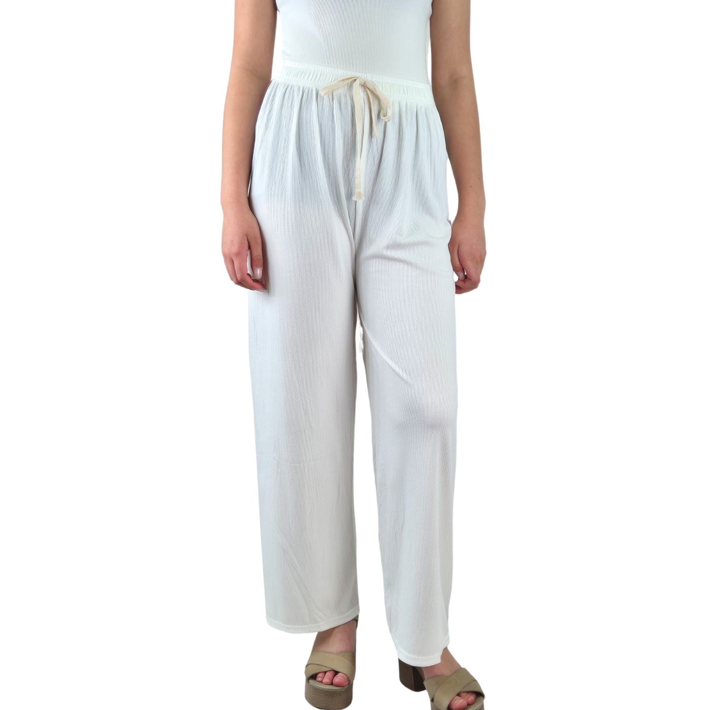 PANTALON PALAZZO MUJER LIKESHOP ACANALADO CINTURA ELASTICADA VERANO ES 369 Blanco Talla unica
