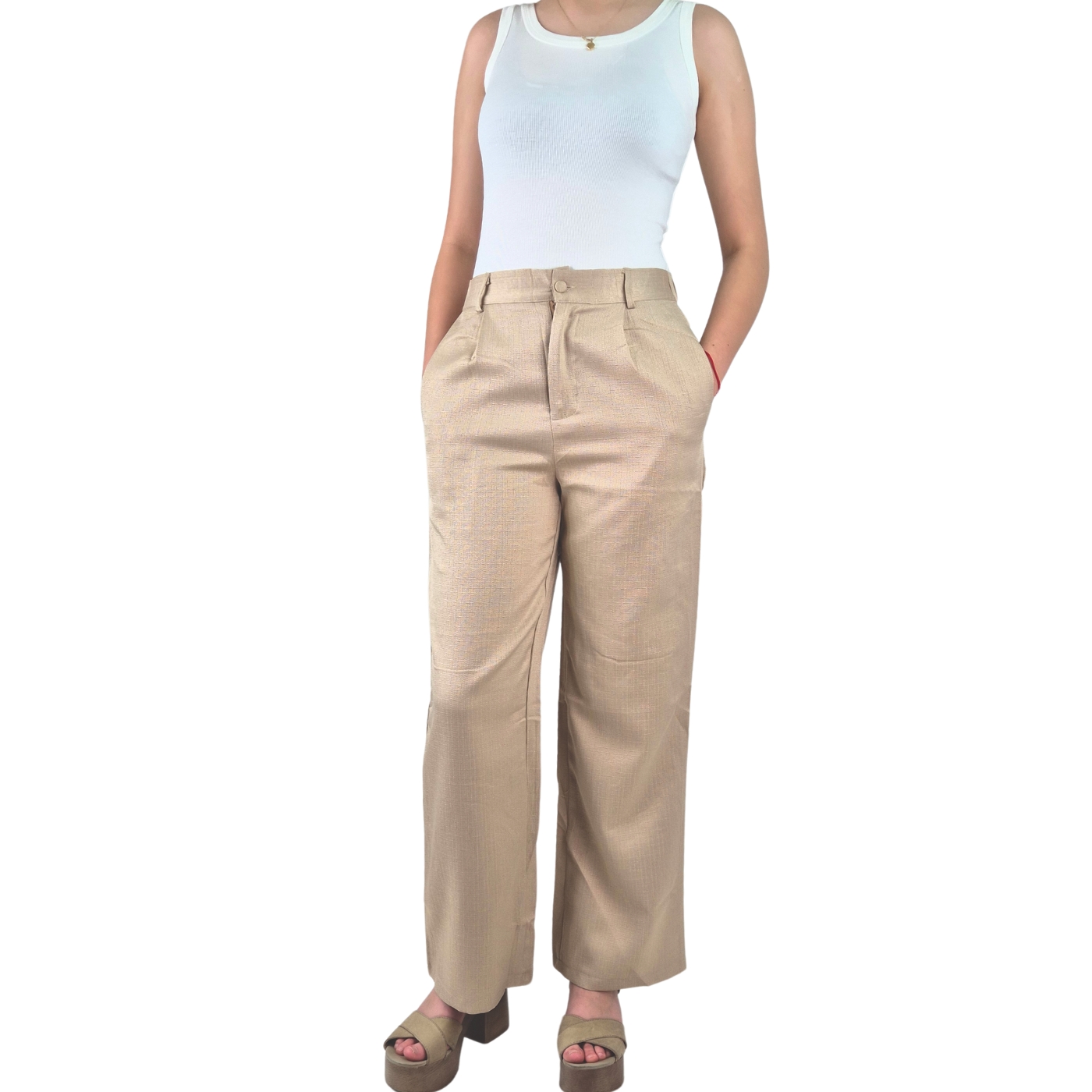 PANTALÓN VESTIR SEMI FORMAL TIPO LINO RECTO CASUAL TIRO ALTO 096 - 3
