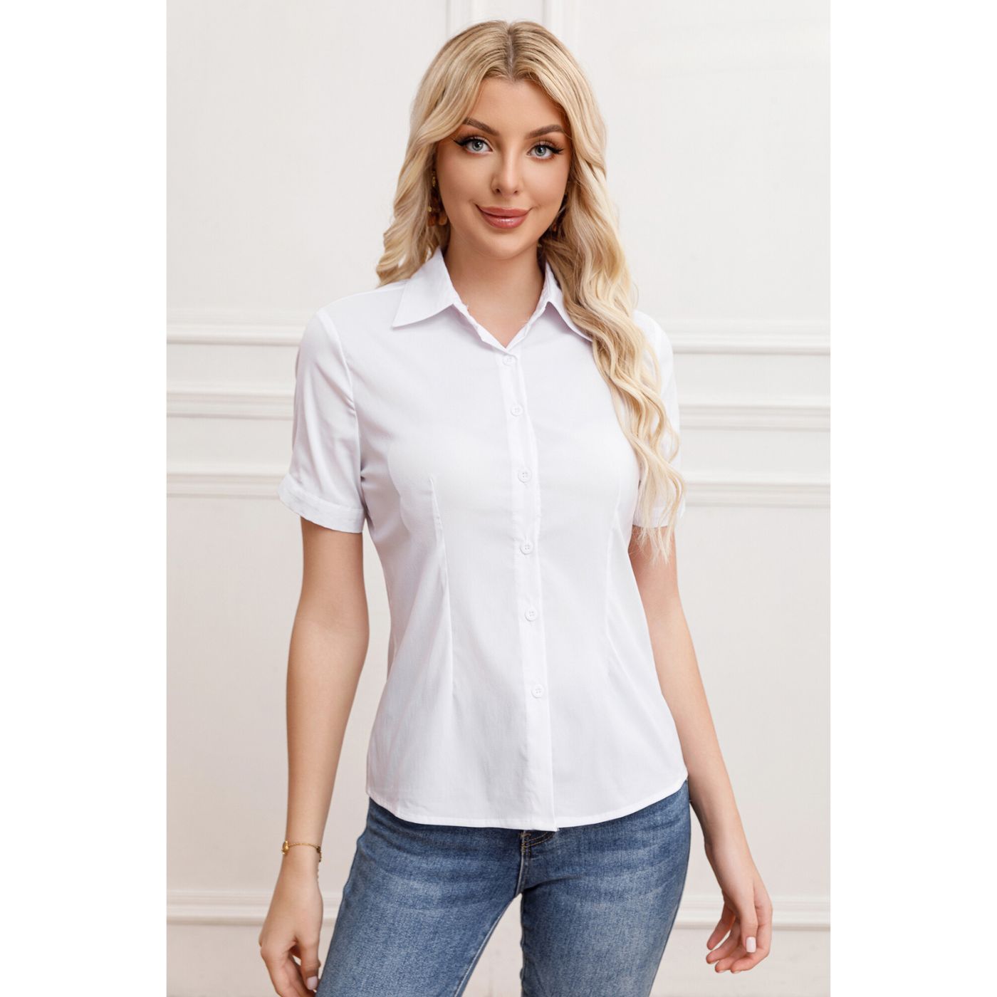 BLUSA MANGA CORTA MUJER LIKESHOP BLANCO ELASTICADA LISA BOTONES FORMAL 057 - 1