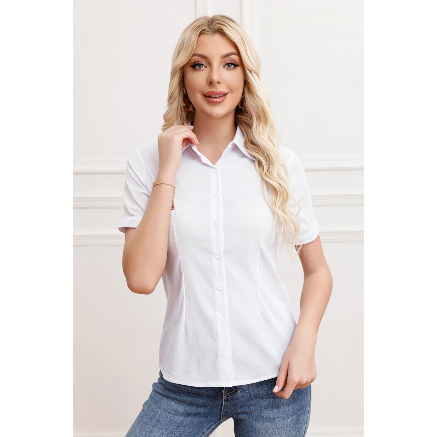 BLUSA MANGA CORTA MUJER LIKESHOP BLANCO ELASTICADA LISA BOTONES FORMAL 057 - 2