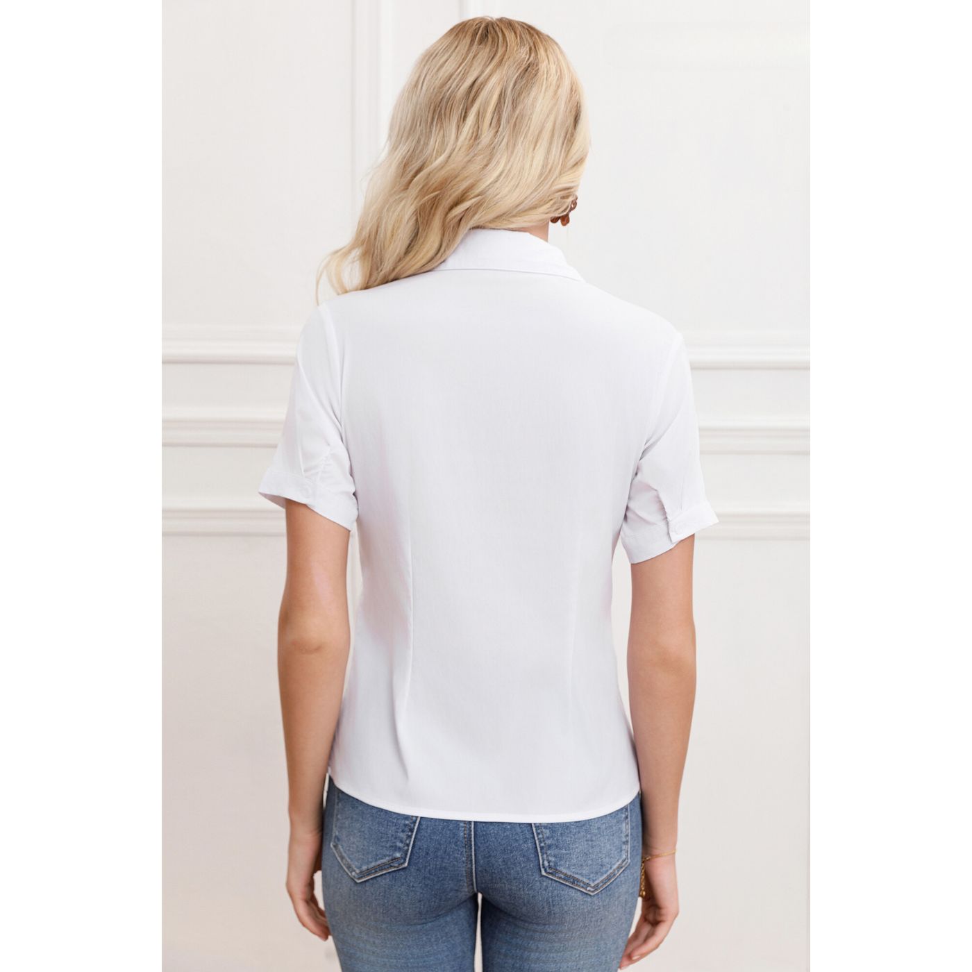 BLUSA MANGA CORTA MUJER LIKESHOP BLANCO ELASTICADA LISA BOTONES FORMAL 057 - 3