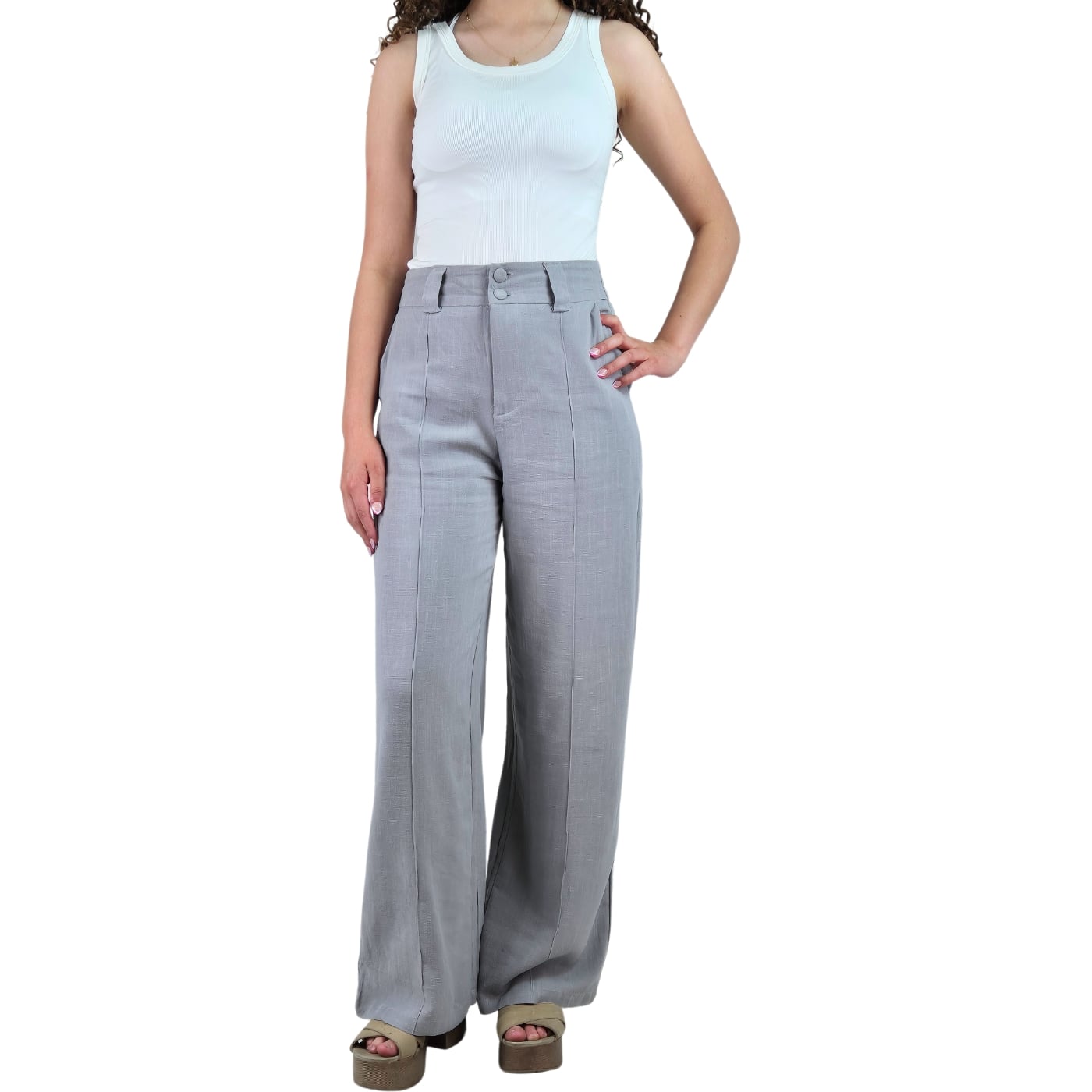 Pantalon Palazzo Premium Tipo Lino Semi Formal Casual Boton 902 - 1