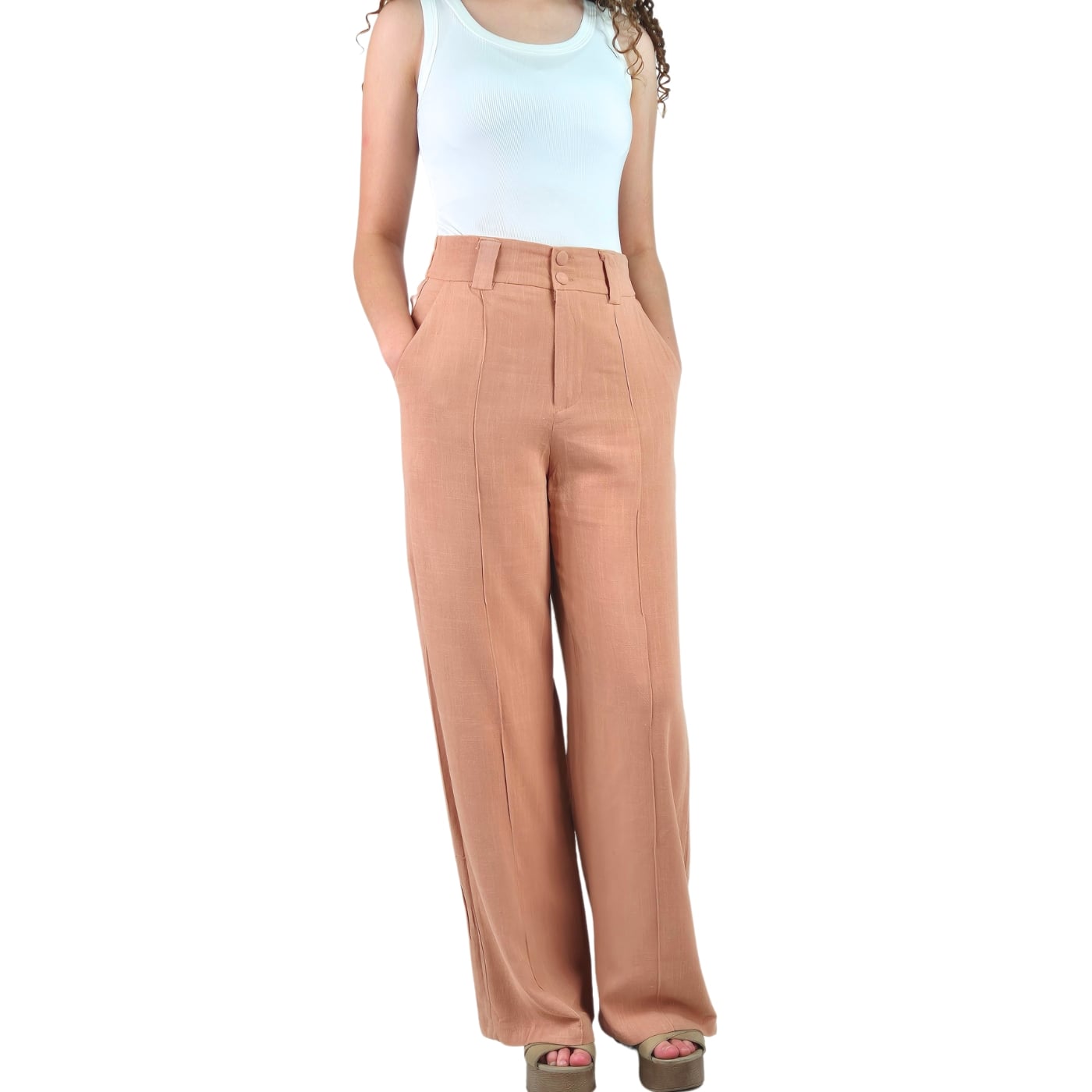 Pantalon Palazzo Premium Tipo Lino Semi Formal Casual Boton 902 - 2