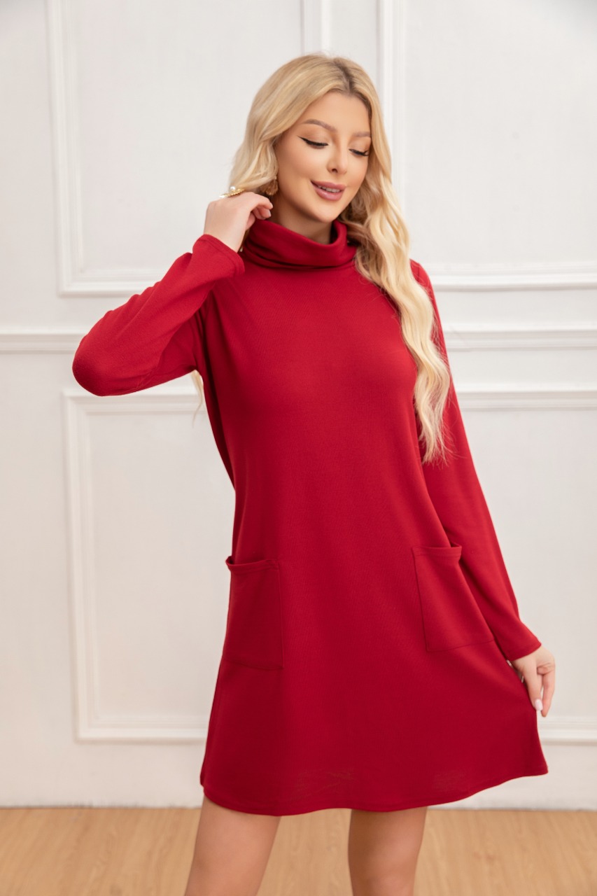 SWEATER MINI VESTIDO CORTO TEJIDO MUJER CUELLO ALTO DOBLE 2001 - 1