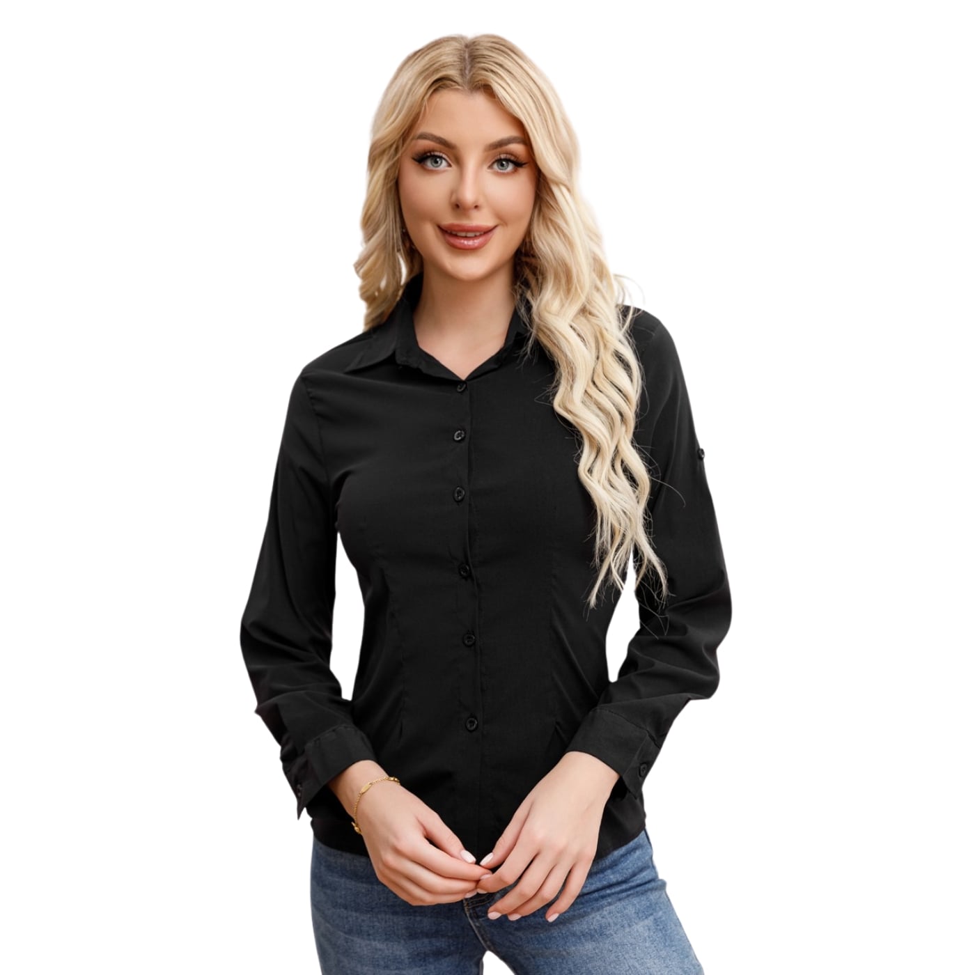 BLUSA MUJER MANGA LARGA ELASTICADA LISA BOTONES FORMAL 0056 - 1