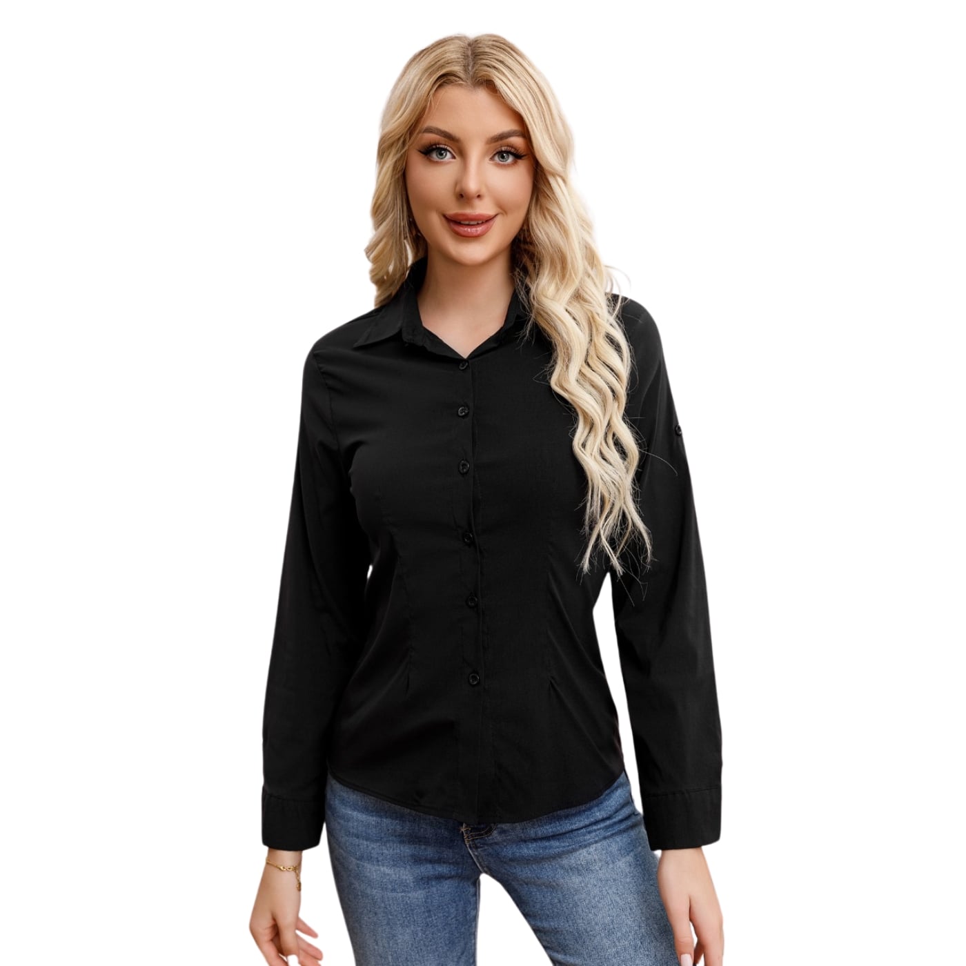 BLUSA MUJER MANGA LARGA ELASTICADA LISA BOTONES FORMAL 0056 - 2