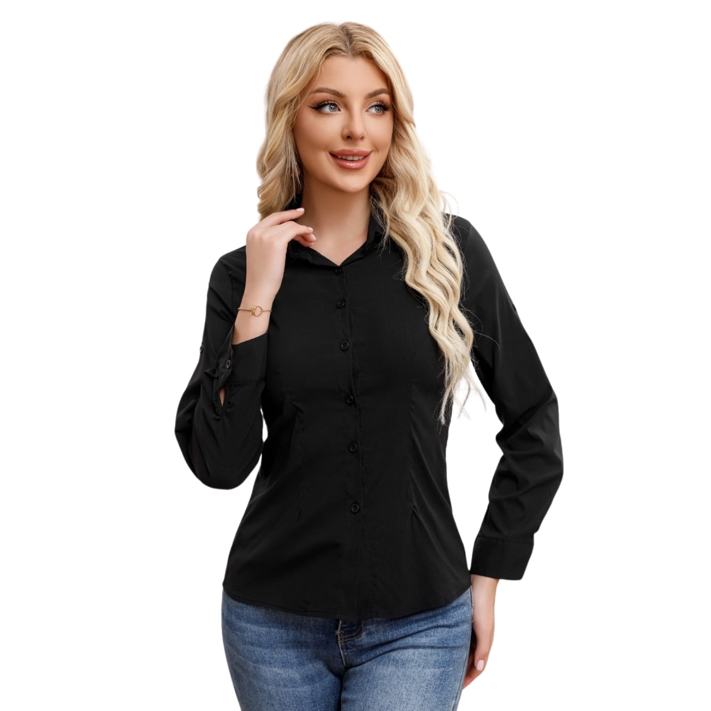 BLUSA MUJER MANGA LARGA ELASTICADA LISA BOTONES FORMAL 0056 - 3